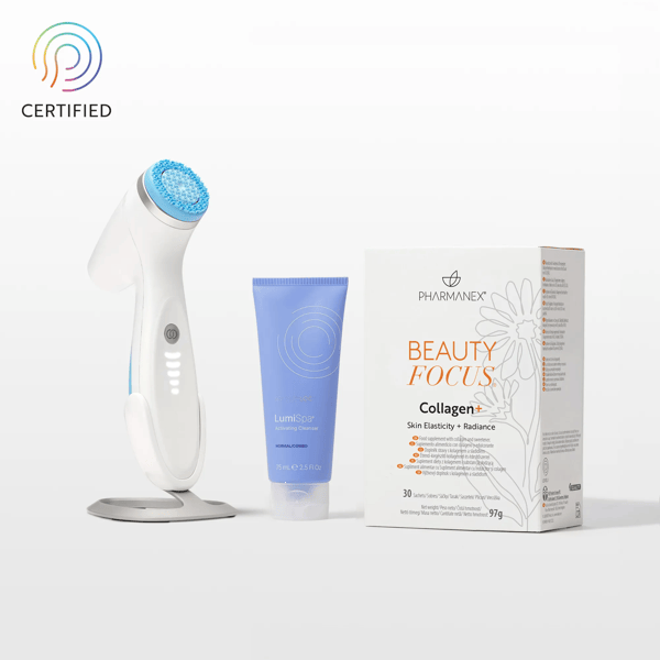 Better Together Lumi iO für normale bis Mischhaut: LumiSpa iO Gerät mit Station, Activating Cleanser in der blauen Tube und Beauty Focus Collagen+