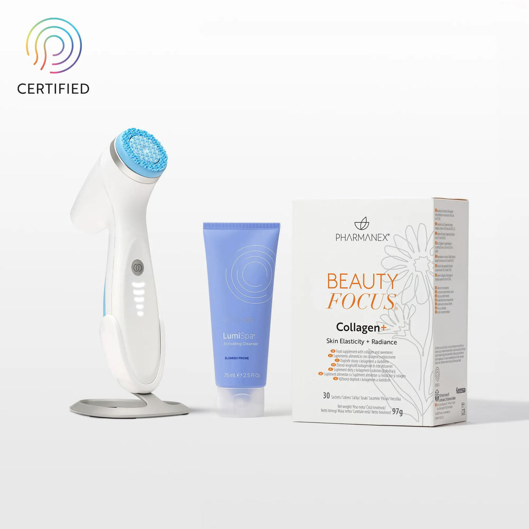 Better Together Lumi iO für zu Unreinheiten neigende Haut: LumiSpa iO Gerät mit Station, Activating Cleanser in der blauen Tube und Beauty Focus Collagen+