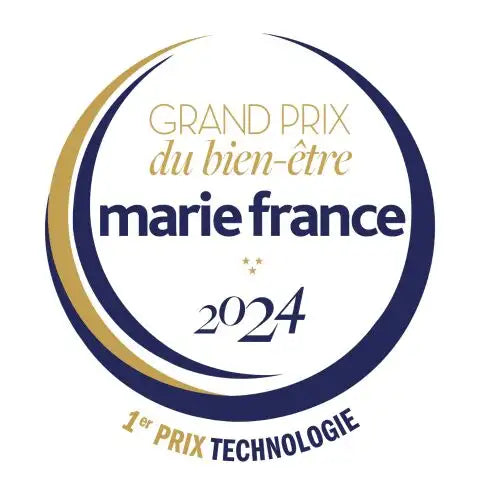 Das Emblem des Marie France Grand Prix du Bien-être 2024, mit einem kreisförmigen Design und dunkelblauen sowie goldenen Halbmondbögen, die den Text umrahmen.