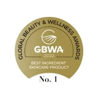 Goldfarbene runde Auszeichnungsschleife für die Global Beauty & Wellness Awards 2022, die das „beste Wirkstoff-Pflegeprodukt“ würdigt, und gekennzeichnet als keine.