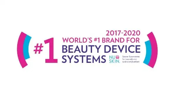 Logo der weltweit führenden Marke für Beauty-Geräte von Nu Skin aus den Jahren 2017–2020 (Nr. 1) – mit kräftigen magentafarbenen und türkisfarbenen Grafiken sowie einer hervorgehobenen Eins.