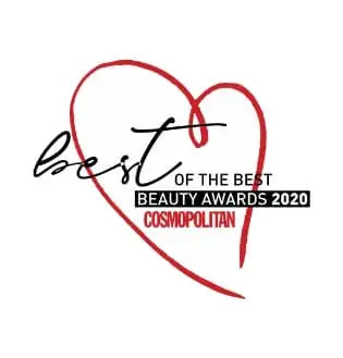 Rotes herzförmiges Logo mit dem Text „Best of the Best Beauty Awards 2020 Cosmopolitan“.