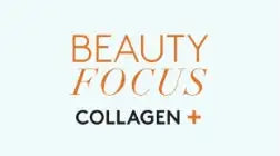 Verschönere das Collagen+-Logo von Beautify im warmen Gold- und Schwarzton auf einem weichen weißen Hintergrund.